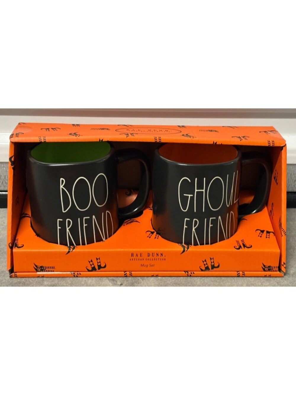Rae Dunn Boo Friend & Ghoul Friend Halloween Mug Set Black Ceramic Green Orange